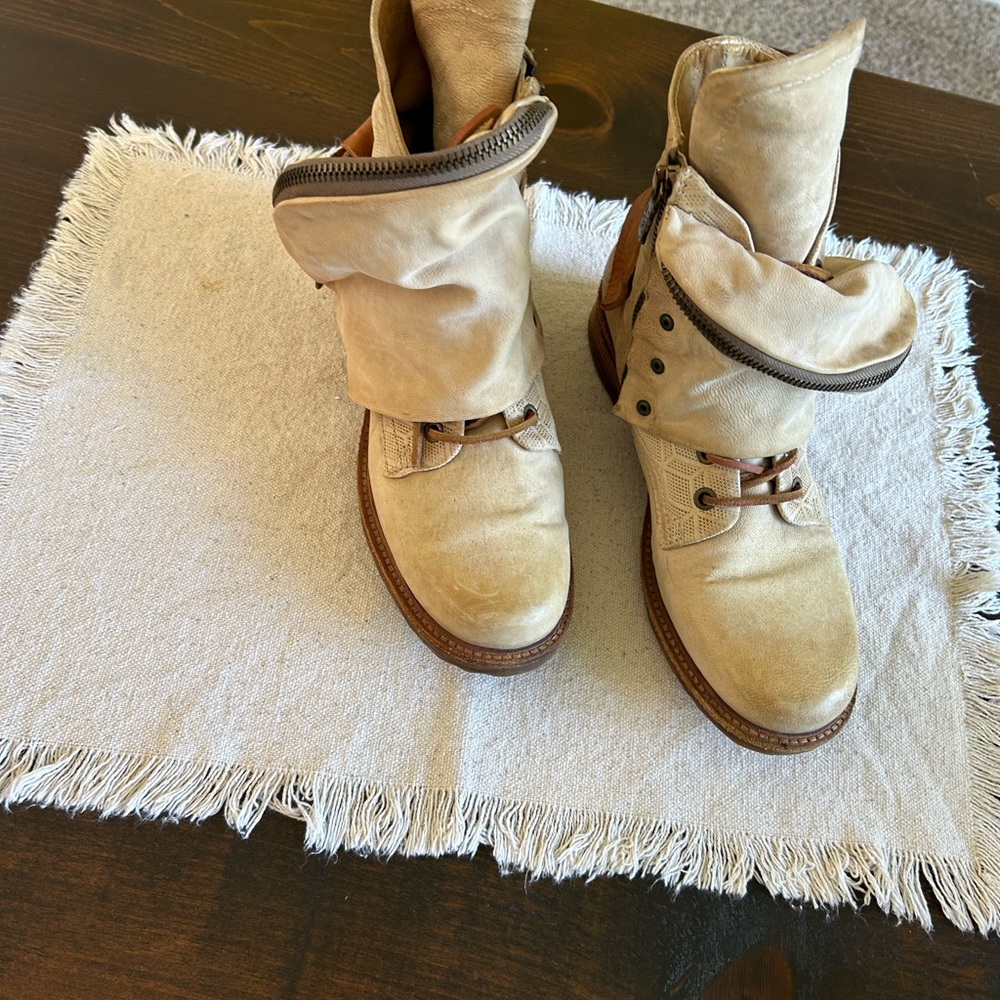 A.S.98 Beige Suede Fold-Over Ankle Boots